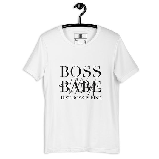 Unisex white tee with the graphic “Boss Babe” across the front. 